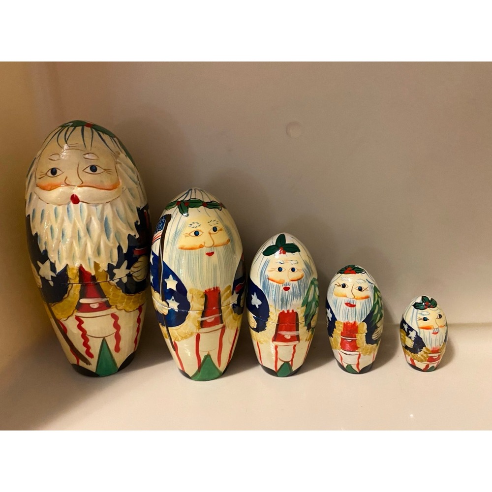 Vintage Patriotic Santa nesting dolls set red white blue Handprinted s2